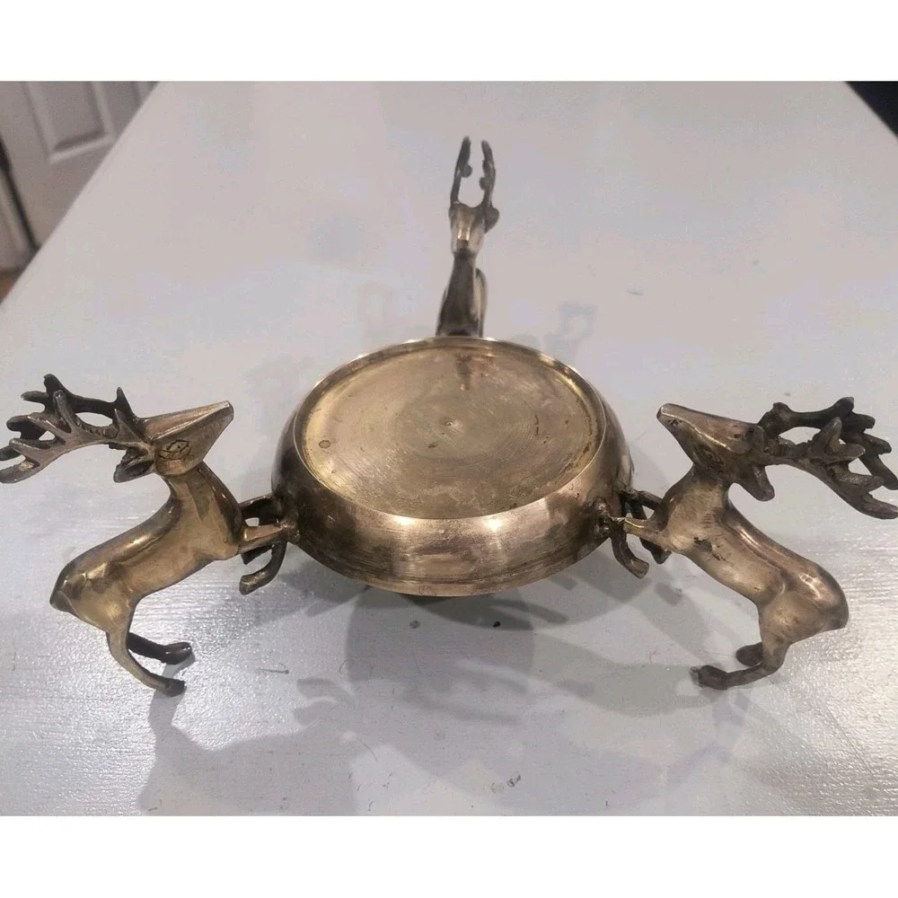 Vintage Solid Brass Reindeer Centerpiece Bowl Stand 3 Leaping Stag Deer 11